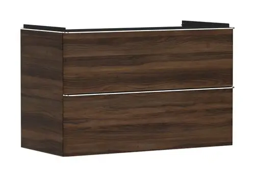 Hansgrohe Waschtischunterschrank in dunkler Holzoptik mit zwei Schubkästen, geeignet für die Montage unter einem Waschtisch.
